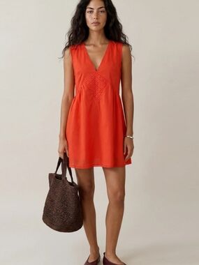 Kourt V-Neck Eyelet Mini Dress in Bright Orange